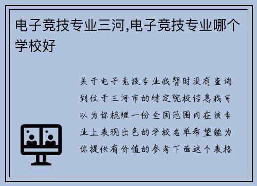 电子竞技专业三河,电子竞技专业哪个学校好